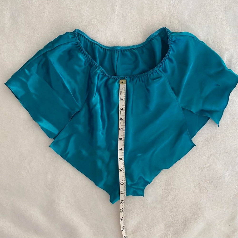 Vintage Erika Taylor turquoise teal blue satin pajama cami and shorts set sz M - Picture 6 of 8
